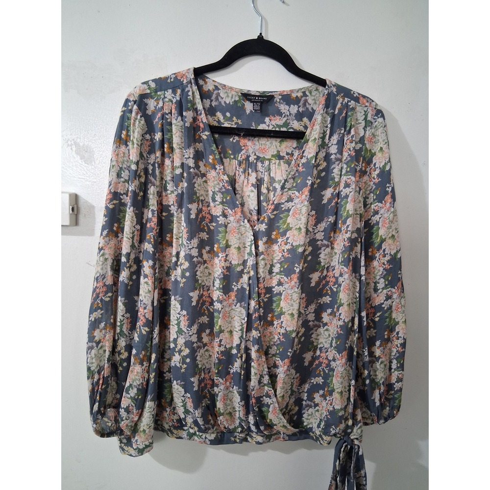 Lucky Brand Gray Floral Tie-Hem Blouse